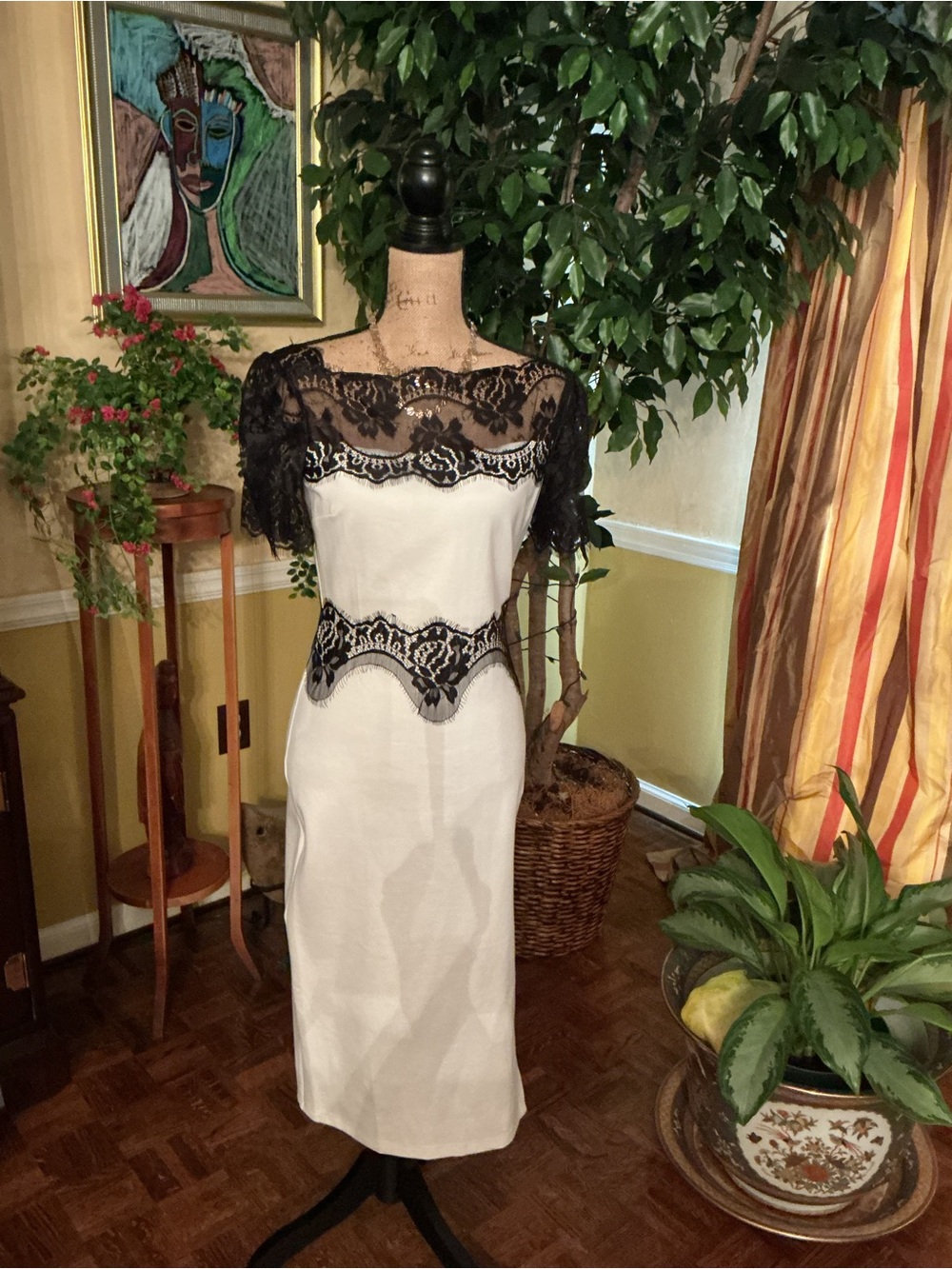 Beulah White Dress with Black Lace Trim
